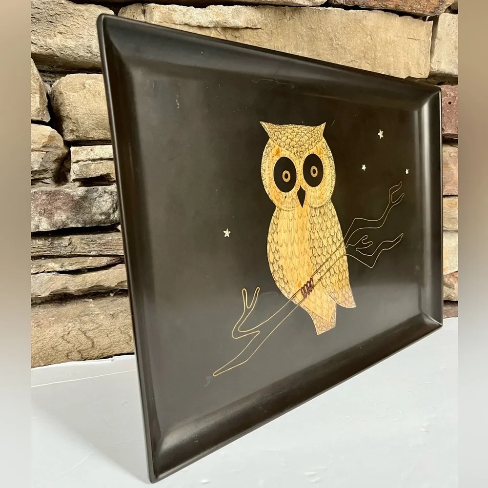 VTG Couroc Owl Tray Hand Inlaid 60s Barware Serving Mid-century MCM Phenolic